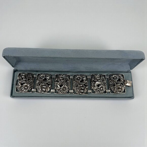 Vintage Sarah Coventry Floral SilverTone Panel Bracelet Antique Garden Sunflower - Picture 4 of 12